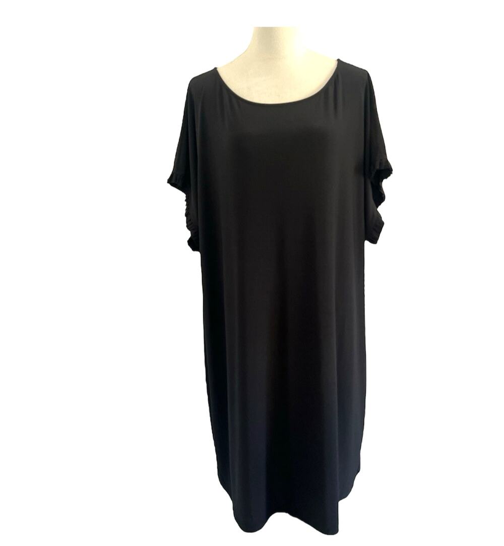 NWT Nicole Miller Dress 3X Black Jersey Shift Midi Ruffle Sleeve Plus Size LBD